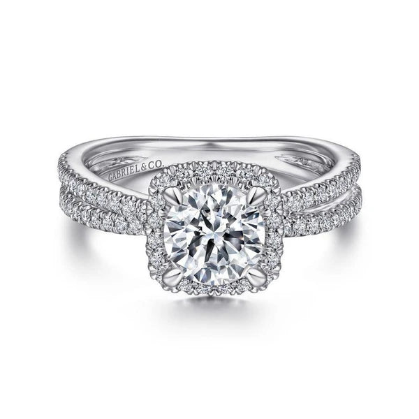 14K White Gold Cushion Halo Round Diamond Engagement Ring