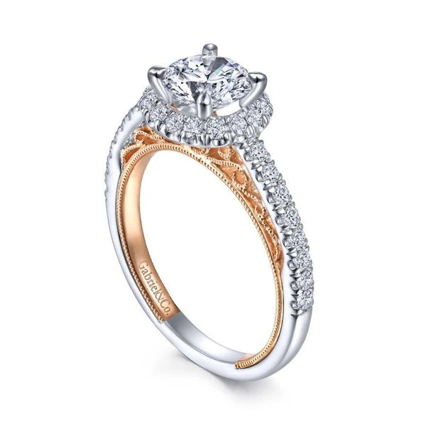 Vintage Inspired 14K White-Rose Gold Round Halo Diamond Engagement Ring