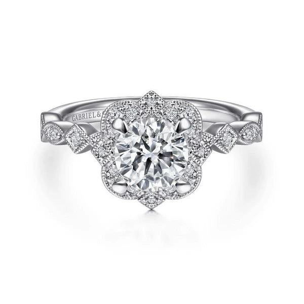 Vintage Inspired 14K White Gold Fancy Halo Round Diamond Engagement Ring