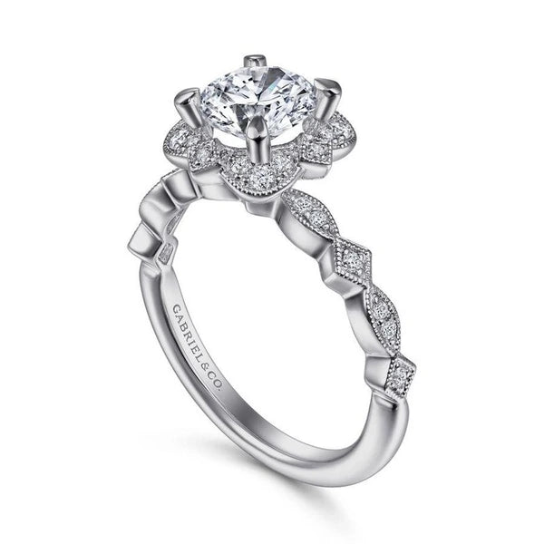 Vintage Inspired 14K White Gold Fancy Halo Round Diamond Engagement Ring