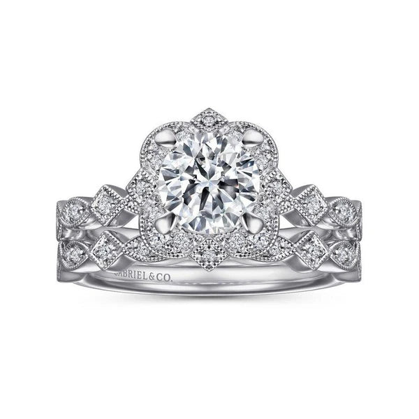 Vintage Inspired 14K White Gold Fancy Halo Round Diamond Engagement Ring