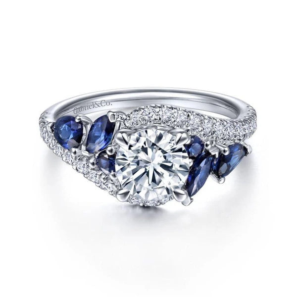 14K White Gold Bypass Round Sapphire and Diamond Engagement Ring