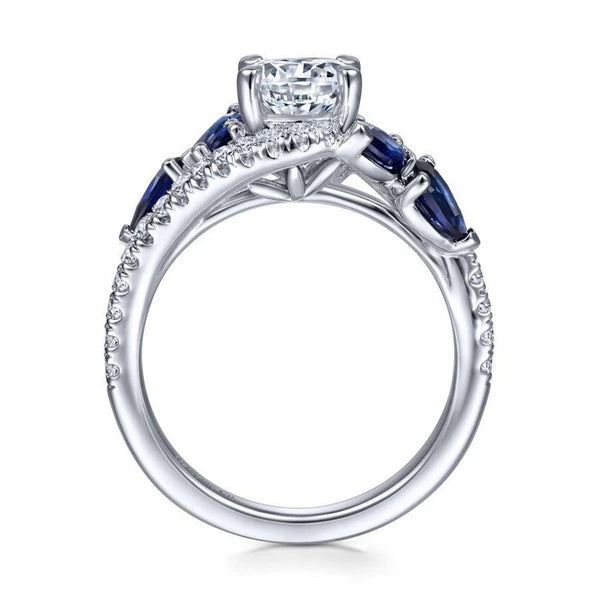 14K White Gold Bypass Round Sapphire and Diamond Engagement Ring