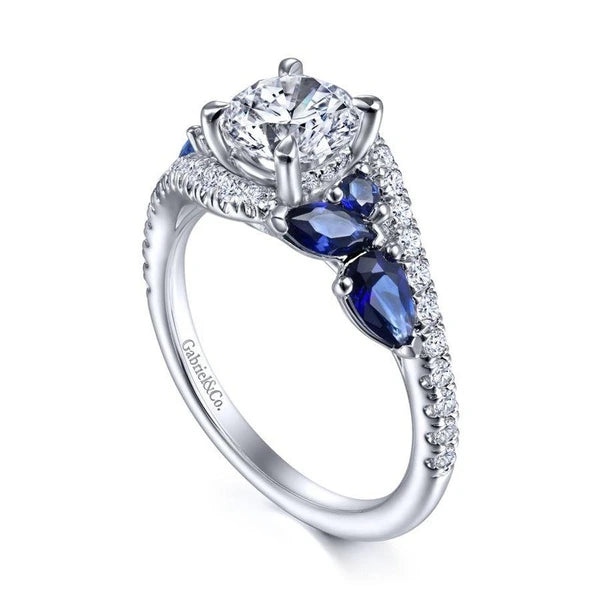 14K White Gold Bypass Round Sapphire and Diamond Engagement Ring
