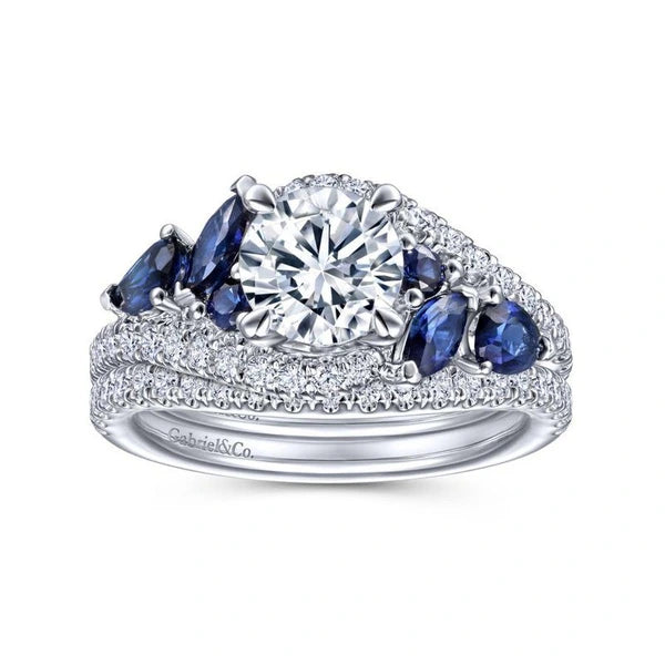 14K White Gold Bypass Round Sapphire and Diamond Engagement Ring