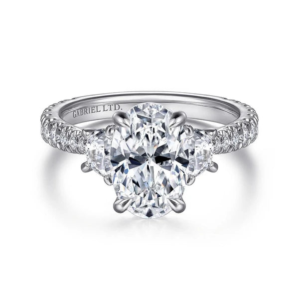 18K White Gold Oval Three Stone Diamond Engagement Ring