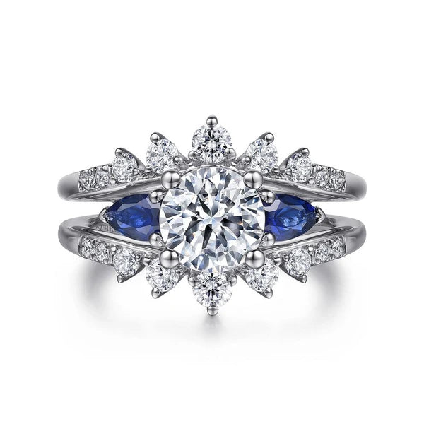 14K White Gold Round Three Stone Sapphire and Diamond Engagement Ring