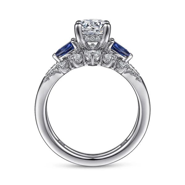 14K White Gold Round Three Stone Sapphire and Diamond Engagement Ring