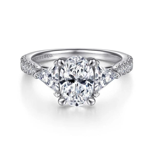 14K White Gold Oval 3 Stone Diamond Engagement Ring