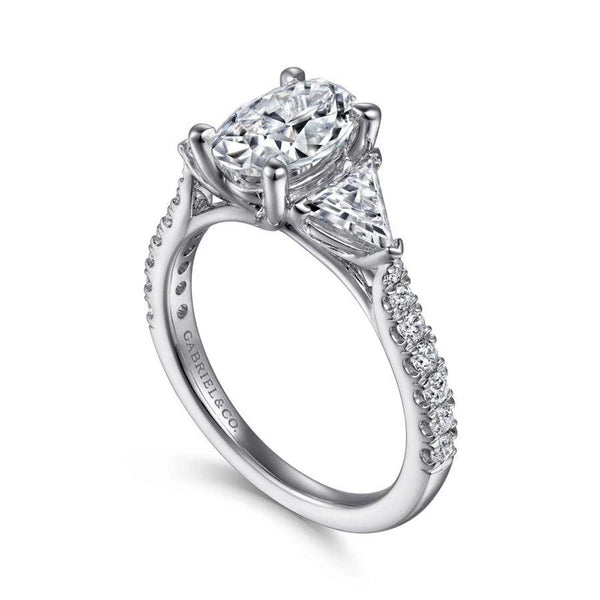 14K White Gold Oval 3 Stone Diamond Engagement Ring