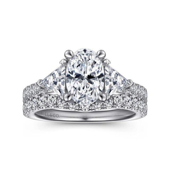 14K White Gold Oval 3 Stone Diamond Engagement Ring