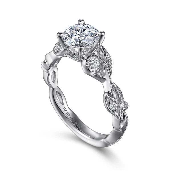 14K White Gold Floral Round Diamond Engagement Ring