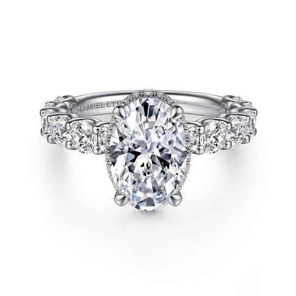 18K White Gold Oval Hidden Halo Diamond Engagement Ring