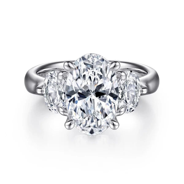 18K White Gold Oval Three Stone Diamond Engagement Ring