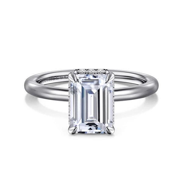 14K White Gold Hidden Halo Emerald Cut Diamond Engagement Ring