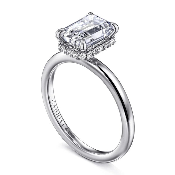 14K White Gold Hidden Halo Emerald Cut Diamond Engagement Ring