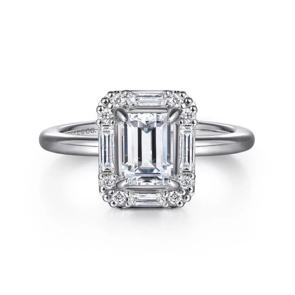 Art Deco 14K White Gold Halo Emerald Cut Diamond Engagement Ring