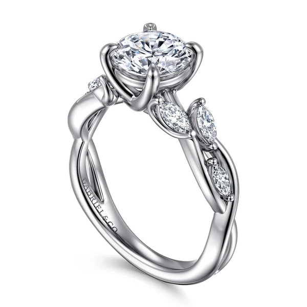 14K White Gold Floral Round Diamond Engagement Ring