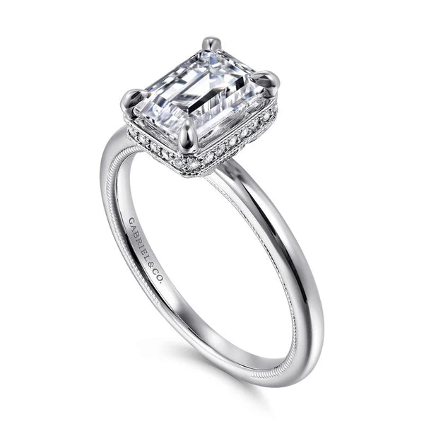 14K White Gold Emerald Cut Halo Diamond Engagement Ring