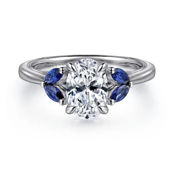 14K White Gold Round Diamond and Sapphire Engagement Ring