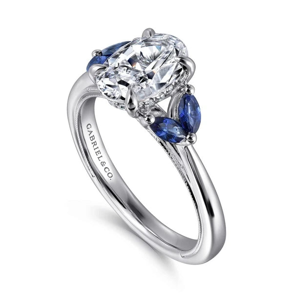 14K White Gold Round Diamond and Sapphire Engagement Ring