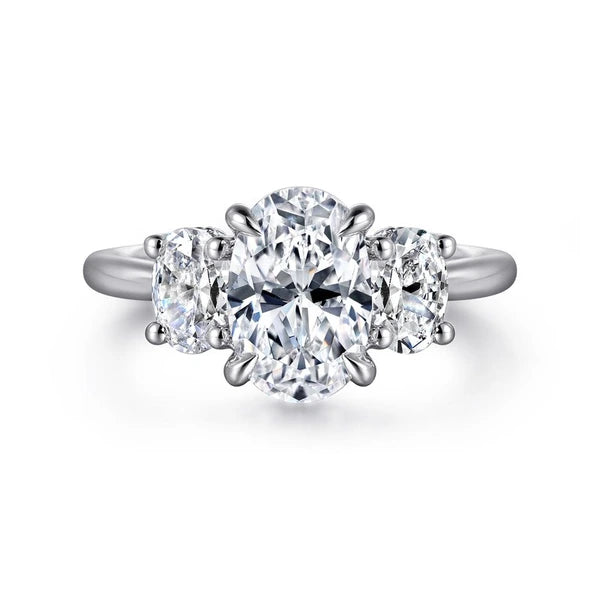 14K White Gold Oval Three Stone Diamond Engagement Ring