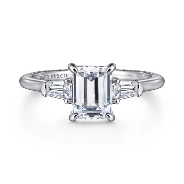 14K White Gold Emerald Cut Three Stone Diamond Engagement Ring