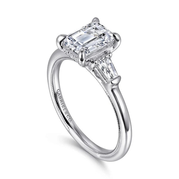 14K White Gold Emerald Cut Three Stone Diamond Engagement Ring