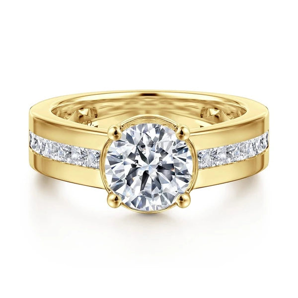 14K Yellow Gold Wide Band Round Diamond Engagement Ring