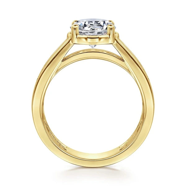 14K Yellow Gold Wide Band Round Diamond Engagement Ring