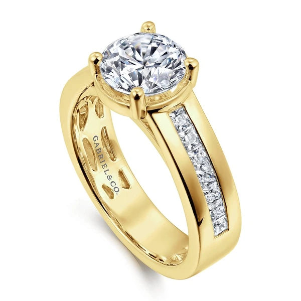 14K Yellow Gold Wide Band Round Diamond Engagement Ring