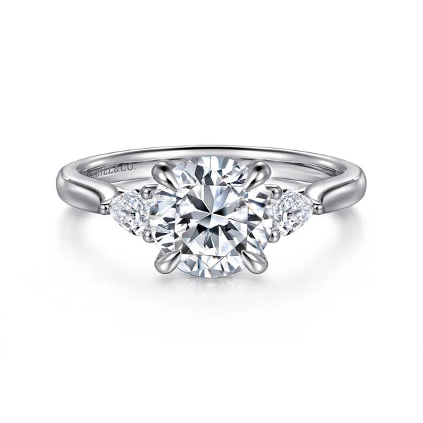 14K White Gold Three Stone Round Lotus Diamond Engagement Ring