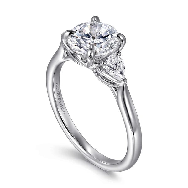 14K White Gold Three Stone Round Lotus Diamond Engagement Ring