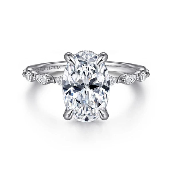 14K White Gold Oval Hidden Halo Diamond Engagement Ring