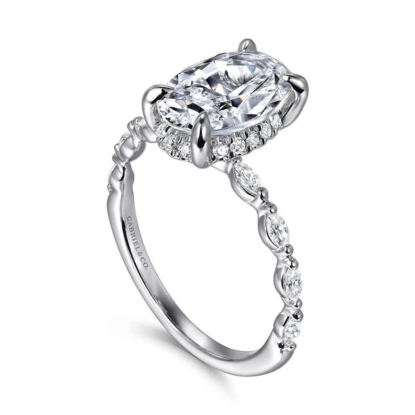 14K White Gold Oval Hidden Halo Diamond Engagement Ring