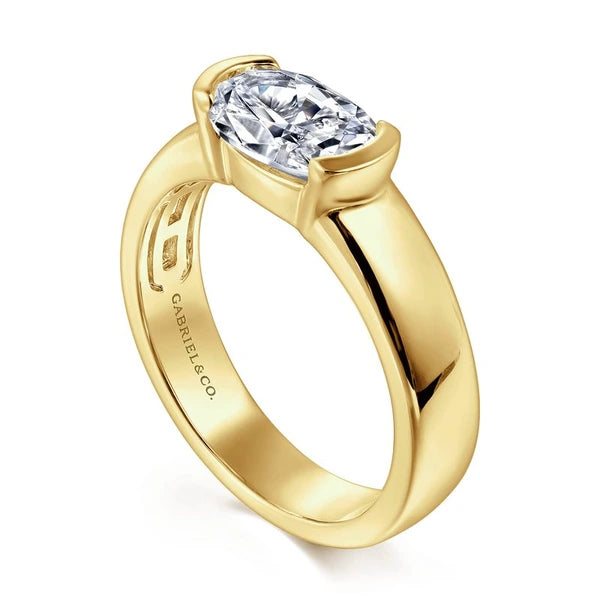 14K Yellow Gold Half Bezel East West Oval Diamond Engagement Ring