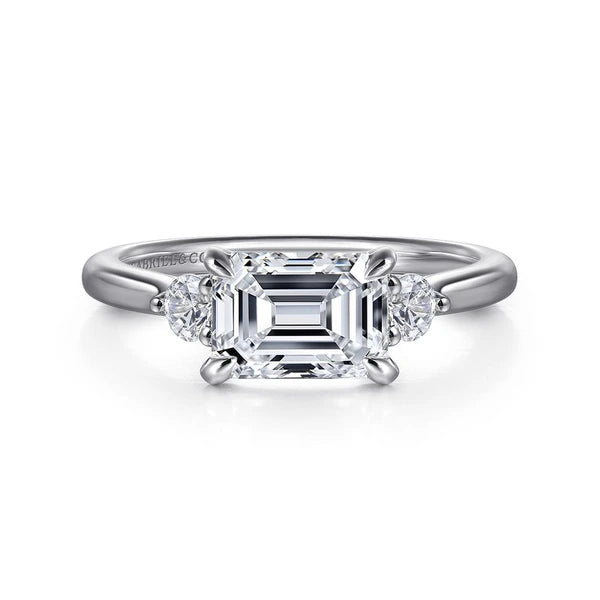 14K White Gold Emerald Cut Three Stone Lotus Diamond Engagement Ring
