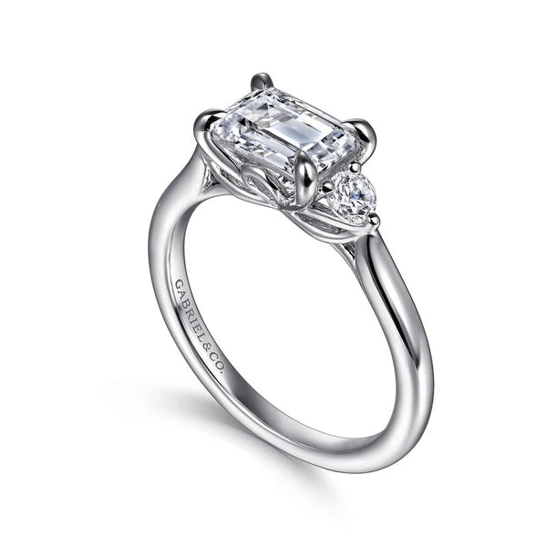 14K White Gold Emerald Cut Three Stone Lotus Diamond Engagement Ring