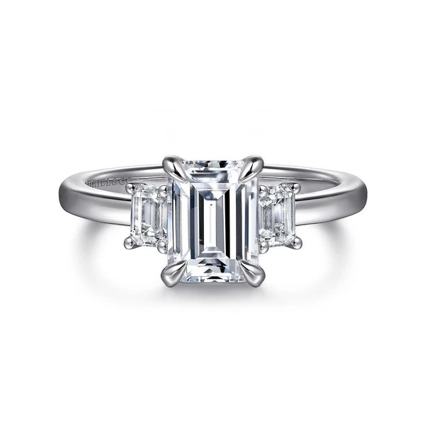 14K White Gold Emerald Cut Three Stone Diamond Engagement Ring