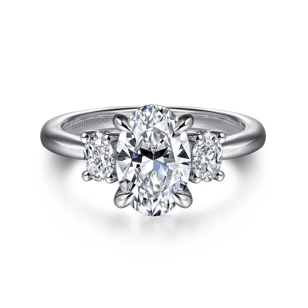 14K White Gold Oval Three Stone Diamond Engagement Ring