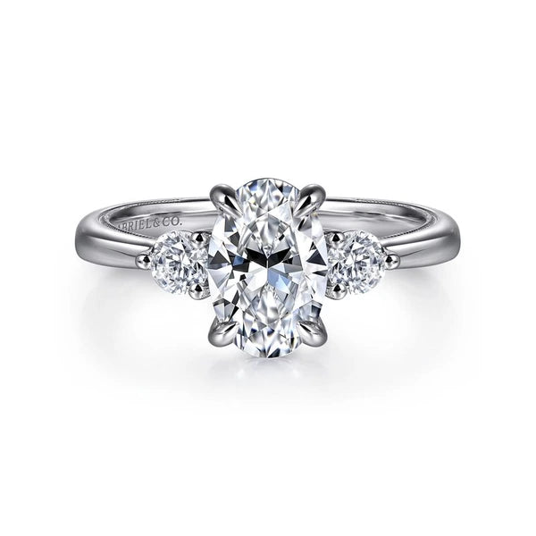 14K White Gold Oval Three Stone Diamond Engagement Ring