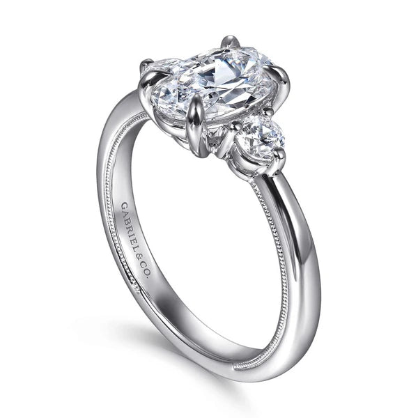 14K White Gold Oval Three Stone Diamond Engagement Ring