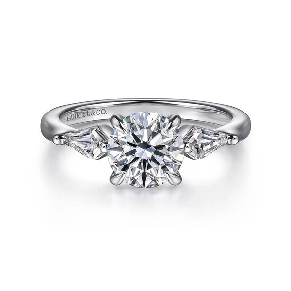 14K White Gold Round Three Stone Diamond Engagement Ring with Kite Side Stones