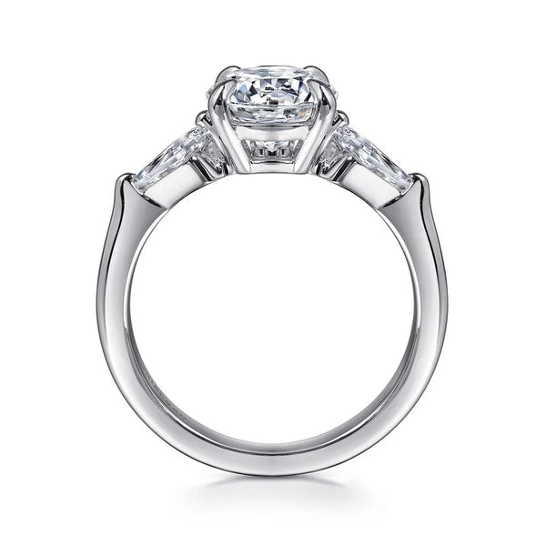 14K White Gold Round Three Stone Diamond Engagement Ring with Kite Side Stones