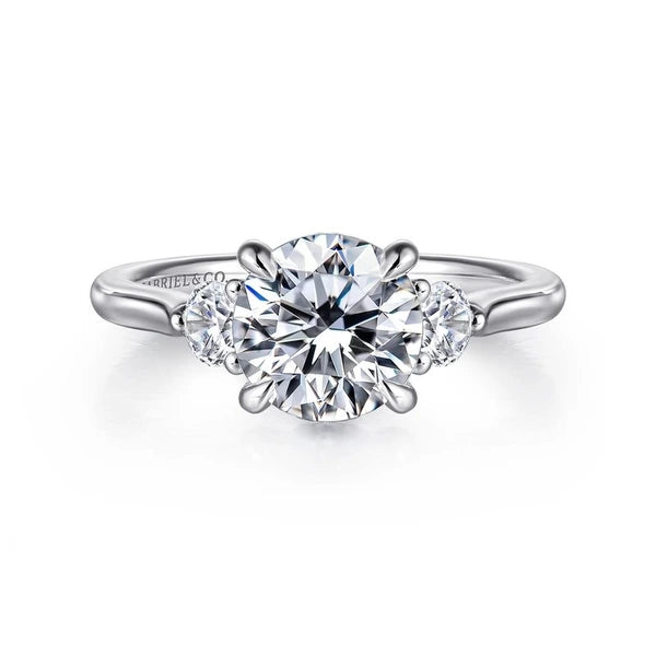 14K White Gold Round Three Stone Lotus Diamond Engagement Ring