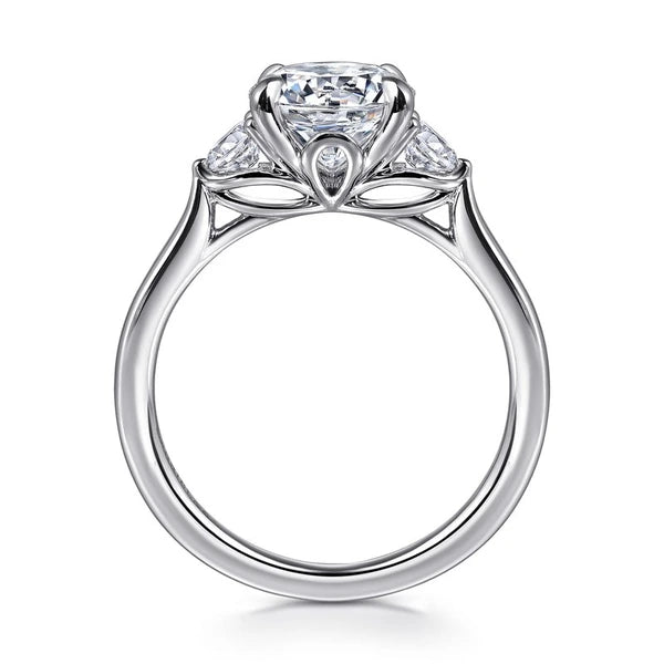 14K White Gold Round Three Stone Lotus Diamond Engagement Ring