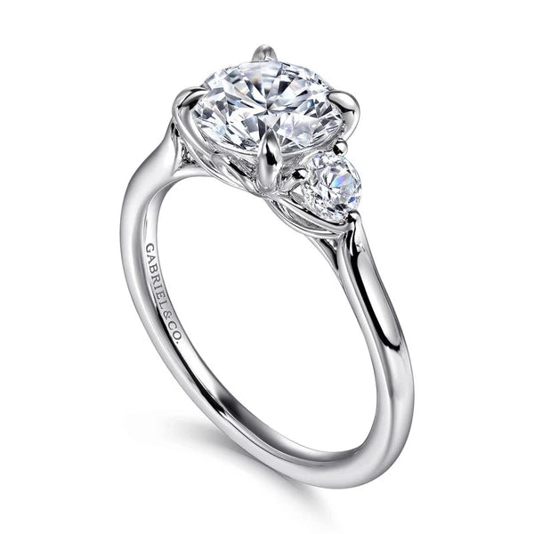 14K White Gold Round Three Stone Lotus Diamond Engagement Ring