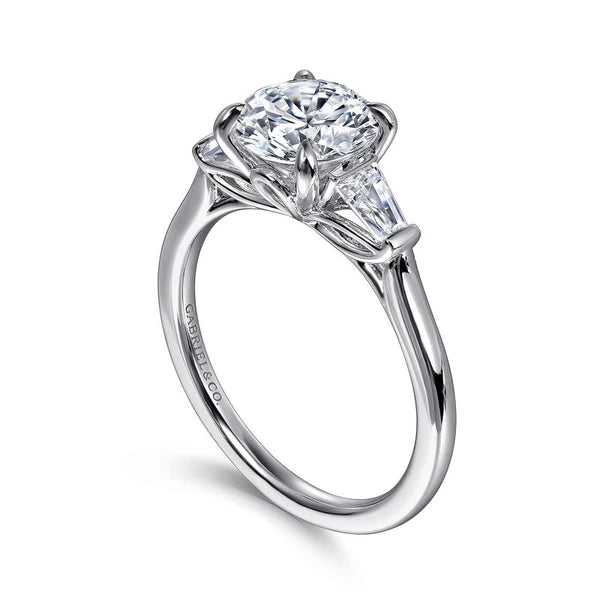 14K White Gold Round Three Stone Lotus Diamond Engagement Ring
