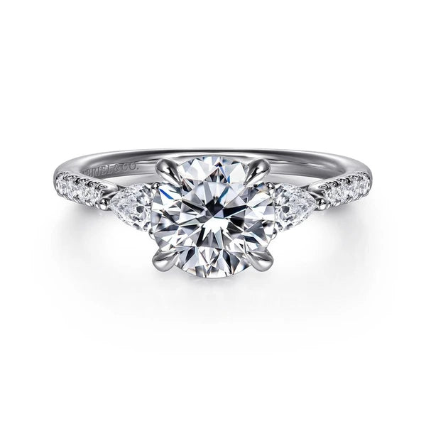 14K White Gold Round Three Stone Lotus Diamond Engagement Ring