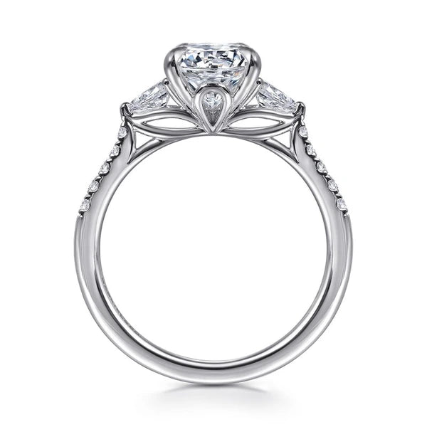 14K White Gold Round Three Stone Lotus Diamond Engagement Ring